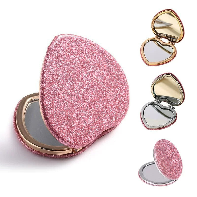 Elegant heart-shaped glittery folding cosmetic mirror – rose gold frame, hypoallergenic metal, portable and practical for girls